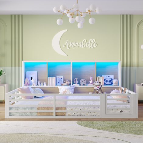Letto per bambini 140x200 cm bianco in MDF e metallo con sponda, vani contenitore e LED (1/5)