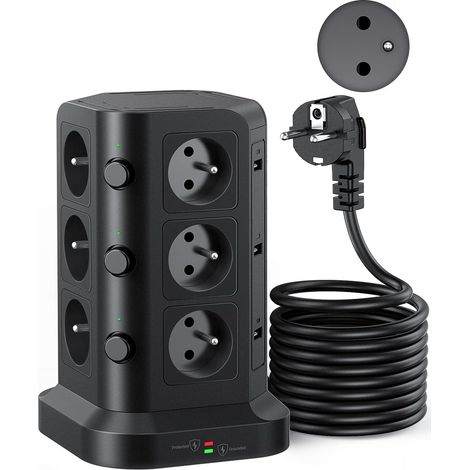 Tour Multiprise Type E, 12 Prises, 6 USB, 5M, Noir 12 Prises Type E, 6 USB, 4000W/16A, Parafoudre, Câble 5M, Bureau, Maison (1/5)
