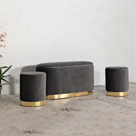 Panca Soroti, con due Sgabelli, Panca Contenitore, Materiale Struttura in Metallo, Colore Seduta Grigio, 80x37x42h cm Grigio Scuro (1/5)