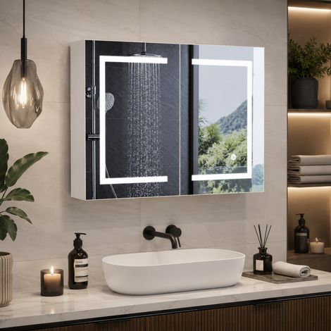 Armoire de toilette 80×14×60 cm, étagères réglables et 2 porte, meuble miroir salle de bain, lumière LED, meuble mural miroir bain, verre trempé, HD anti-buée, grande capacité, style moderne, Blanc (1/5)