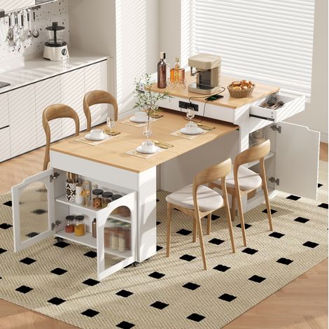 Mesa extensible de cocina con ruedas, 2 cajones, blanca HAVRYA (1/5)