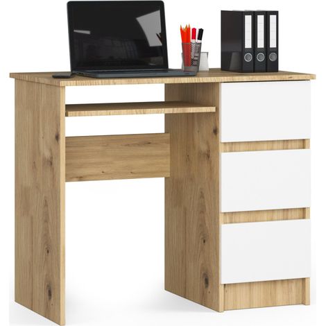 Bureau d'ordinateur AKORD droit A6 Chêne Artisan 90 cm 3 tiroirs façade Blanche 1 étagère 90x50x77 cm (1/3)