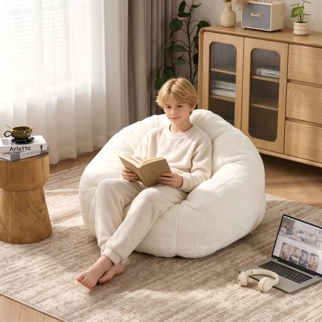 Fauteuil pouf monoplace moelleux — Sans assemblage — Idéal pour les coins lecture du salon ou les chambres d'enfants — Conçu pour les adolescents — 98x98x60 cm — Beige (1/5)