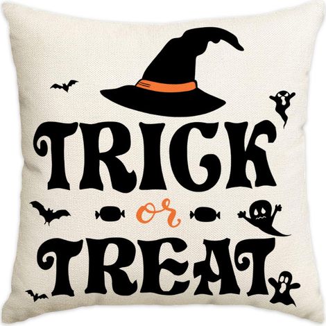 Lot de 2 housses de coussin décoratives d'Halloween, motif chapeau de sorcière, fantôme, chauve-souris et bonbons, taies d'oreiller noires style lin, décoration gothique effrayante pour la maison (1/5)