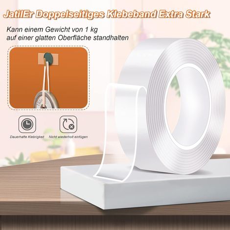 JatilEr Ruban adhésif double face extra fort 9 m - Pas de traces - Ruban adhésif double face transparent - 3 pièces - Nano Tape - Résistant à la chaleur - 10/20/30 mm 3m3cm/2cm/1cm1mm