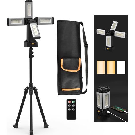 Lampe de Travail Rechargeable en Aluminium 13200 mAh Avec Trépied Pliable et Sac de Transport, 8000 Lumens à Intensité Variable Projecteur de Chantier (Avec télécommande) (1/5)