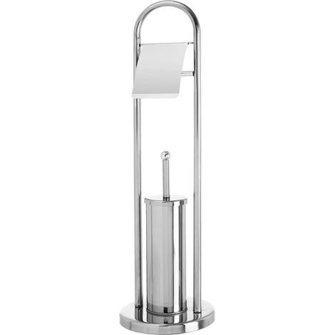 Porte rouleau WC - JUANIO - Lot de 2 - Métal chromé - Brosse WC intégrée - Hauteur 80 cm (1/3)
