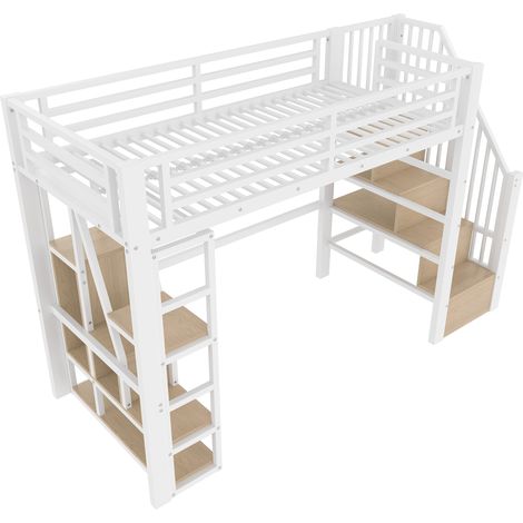 Lit mezzanine 90 x 200 cm, cadre en fer, compartiment de rangement, marches intégrées, garde-corps de protection, échelle, avec bande LED, espace de rangement ouvert sous le lit, matelas non inclus, b (1/5)