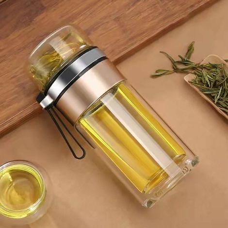 Transparente Glas-Teeflasche, tragbare Tee- und Wasserflasche, Tee- und Wassertrennerflasche, Gold (1/5)