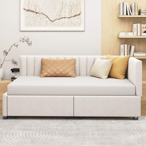 Lit banquette 90x200 cm beige en velours, dossier réversible gauche/droite, 2 grands tiroirs sur roulettes, sommier 12 lattes inclus, sans matelas (1/5)