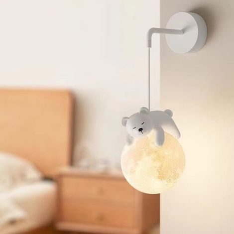 Wandleuchte aus Draht fürs Kinderzimmer, 3D-gedruckt, Mondkugel-Design, Schlafzimmerlampe, niedliche Cartoon-Tiere (Hase, Panda, Bär), nordische weiße Lampe mit einstellbarer Helligkeit (1/5)