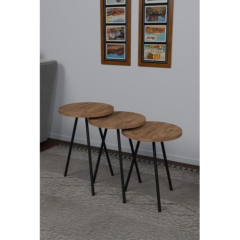 Set of 3 Coffee Tables for Living Room with Different Heights, Round Table Set in Wood and Metal Living Room (Wood and Metal, Oak) (1/5)