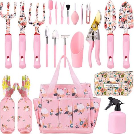 Ensemble d'Outils de Jardinage, 21 Pièces en Acier Inoxydable à Usage Intensif avec Poignée en Bois Antidérapante - Rose