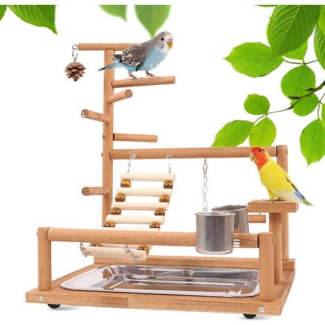 Wooden Bird Playground Station, Safe Durable Activity Center with Feeder & Waterer for Parrots