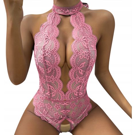 Sexy Dessous-Set mit Spitze und Loch-Body, rosa S