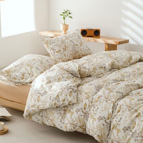 Bettwäsche-Set 155x220 cm 3-teilig Baumwolle mit Ahornblatt-Muster Beige