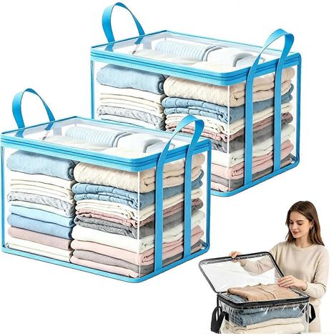 Sac de rangement transparent plastique épais résistant avec couvercle à charnière organisateur grande capacité vêtements bleu (1/5)