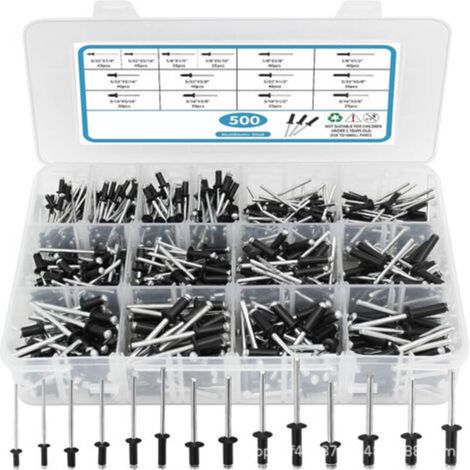 Assortiment de 500 rivets noirs Pop Rivets, 14 tailles de rivets en aluminium (3/32", 1/8", 5/32", 3/16"), ensemble de rivets aveugles pour métal avec séparateur renforcé et étui étiqueté (1/4)