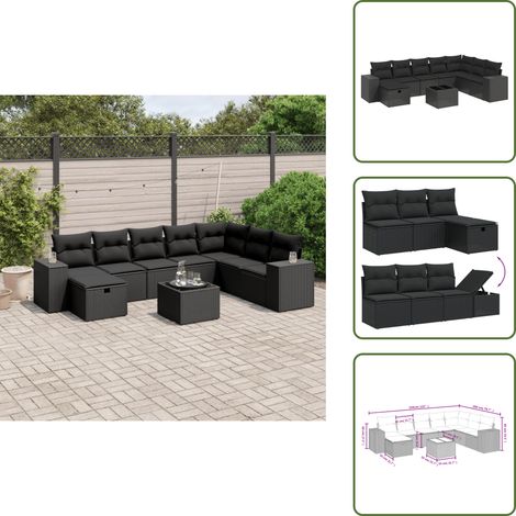 The Living Store 9-tlg. Garten-Sofagarnitur mit Kissen Schwarz Poly Rattan - Gartenmöbel Set - PE-Rattan Gartenmöbel - Outdoor Lounge Set - Esstisch Set - Balkonmöbel (1/5)