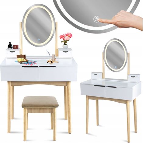 Coiffeuse scandinave blanche avec miroir LED – 4 tiroirs – Plan de travail confortable – Tabouret assorti (1/4)