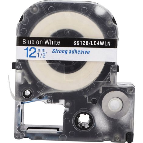 Ruban d'étiquettes transparent et durable de 12 mm, résistant à l'huile, à la corrosion et à l'usure (bleu sur blanc). (1/5)