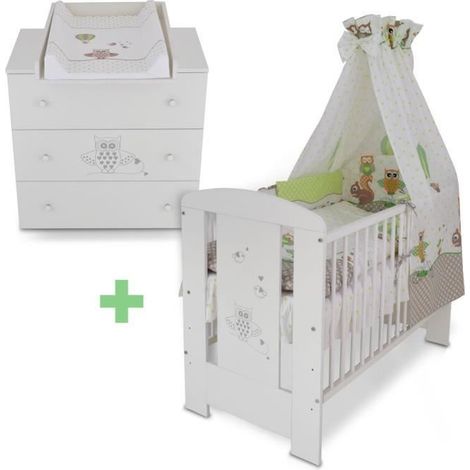 Bb-Loisir – Lit bébé cododo 120 x 60 cm – Commode à langer 3 tiroirs – Matériaux de qualité – Ciel de lit inclus – Design moderne hibou vert