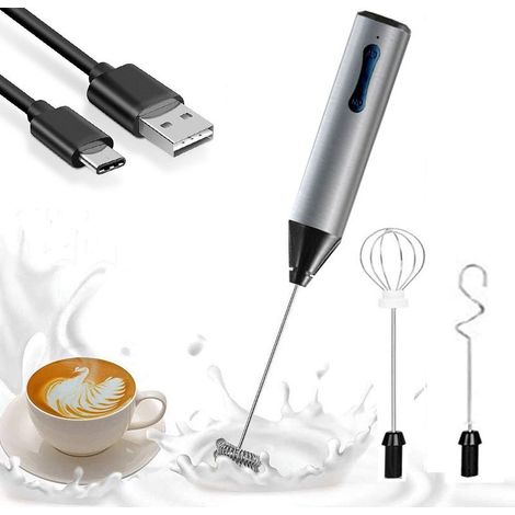 Mousseur à Lait Électrique Tenue à Main, 3 en 1 Fouet Rechargeable USB,2 Vitesses Réglable avec 3 Têtes d'agitateur en Acier Inoxydable Fouet Électrique pour Latte,Cappuccino,œufs Battus,Café (1/5)