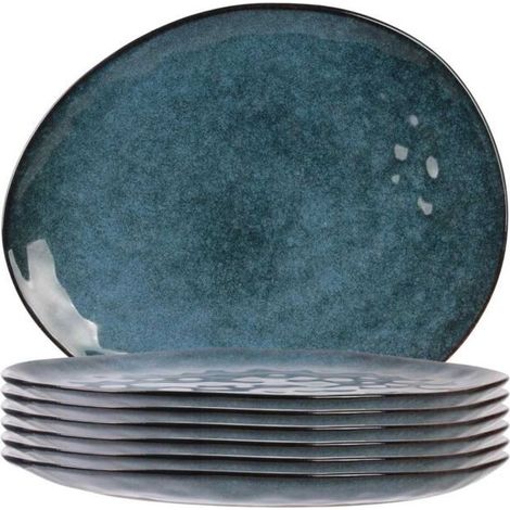 6 assiettes plates céramique, forme galet, bleu temporel, 27,5 x 23 cm, vaisselle quotidienne élégante (1/5)