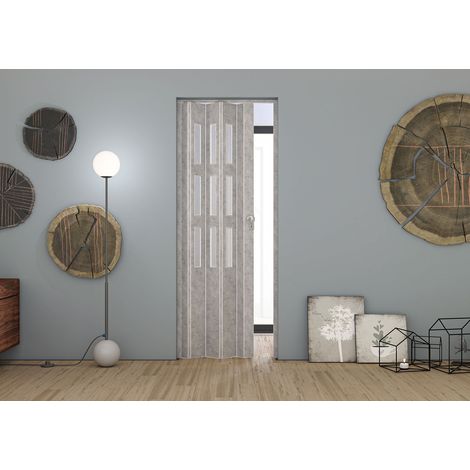 Porta a Soffietto da Interno Maya 83x214 cm Made in Italy in PVC con Vetro Satinato Cemento Grigio