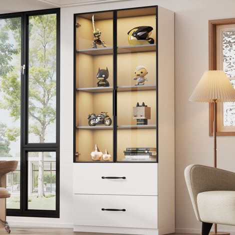 Vitrina LED 60 x 40 x 160 cm, puertas de vidrio templado, 2 cajones, blanca DESVIAE (1/5)