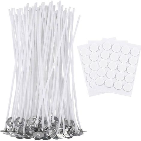 Lot de 50 mèches de bougie de 12cm avec 60 autocollants en coton bio naturel pré ciré avec de la cire de soja, pour la fabrication de bougies DIY