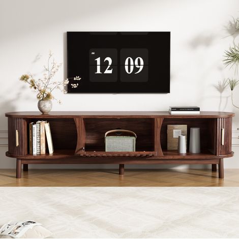 TV-Lowboard MDF Braun 165 x 39,5 x 46 cm mit Schiebetüren, Klapptür und 3 Staufächern, passend für TV bis ca. 65 Zoll (1/5)
