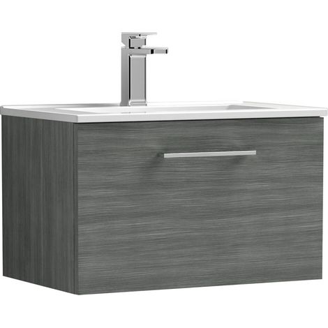 Balterley  Contemporary Bathroom 1 Soft Close Drawer & Minimalist Wall Hung Vanity Unit Basin, Anthracite Woodgrain, 600mm