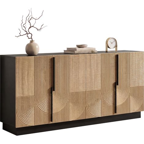 Buffet, meuble de salon, 4 portes, façade ornée, poignées en métal, structure en panneaux de particules et MDF, meuble de salle à manger, meuble d'entrée (1/5)