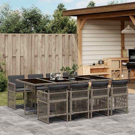 9-tlg. Garten-Essgruppe mit Kissen Grau Poly Rattan