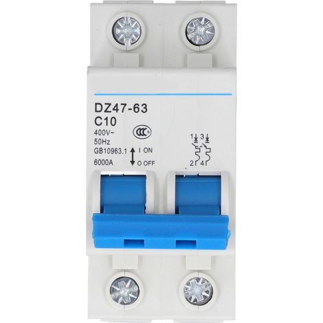 Disjoncteur mini 2P 10A 400V DZ47-63 C10, rail DIN, protection surcharge, coupe-circuit modulaire. (1/5)