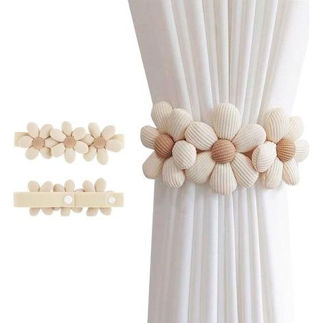 2 Pièces - Embrasse Rideau - Accessoire Décoratif - Système Réglable Sans Perçage - Design Fleurs Coton Lin - Pour Salon Chambre Bureau - Beige - Taille Unique (1/5)