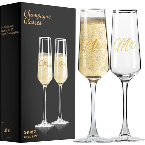 Ensemble de flûtes à champagne pour mariage, lot de 2, verres à champagne pour mariée et marié, cadeaux pour douche nuptiale, cadeau de fiançailles, 250ml/8,5oz (1/5)