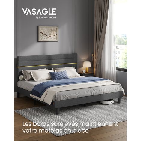 Lit Double, Cadre de Lit, Convient pour un Matelas de 180 x 200 cm, Tête de Lit Rembourrée Ajustable, en Métal, Bois Massif, Moderne, Gris Ardoise
