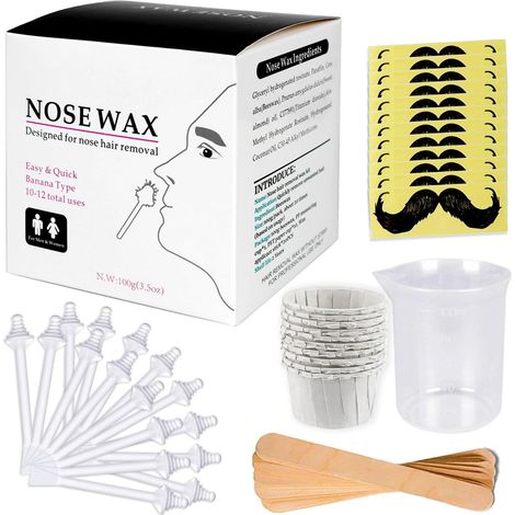 Nose Wax Kit de cire pour nez pour homme et femme, 100 g de cire pour poils de nez, 20 applicateurs à pointe sûre, 10 applicateurs en bois, 10 récipients et 10 pochoirs à moustache (1/5)
