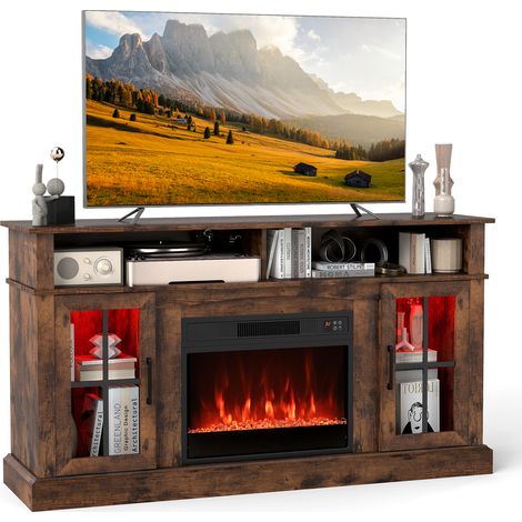 COSTWAY 148cm Fireplace TV Stand,Entertainment Center for 65 Inch TV Brown (1/5)