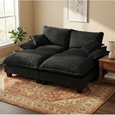 Modulares Ecksofa 194x151x90 cm schwarz Chenille mit 2 Ottomanen und 2 Kissen (1/5)