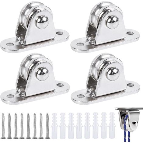 4 pcs Petit Bloc de Poulie, Petit Bloc Poulie Roue Lisse, Avec 8 Vis et 8 Manchons en Plastique, Jeu de Poulies Verticales pour Corde, Corde à Linge (1/5)