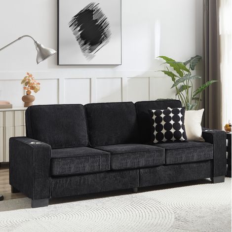Divano 206 cm in nero in corduroy con portabicchieri, design moderno e comfort ergonomico (1/5)