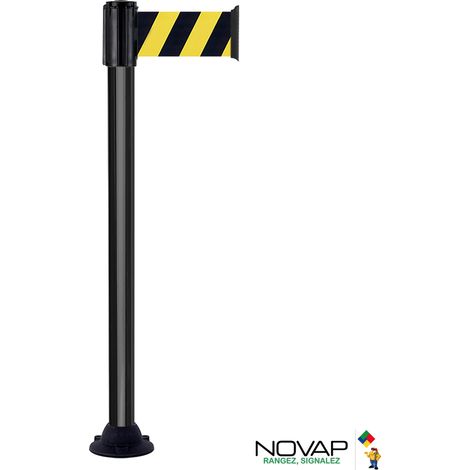 Poteau Alu Noir laqué à sangle Jaune/Noir hachuré 3m x 100mm sur socle fixe - 2700115