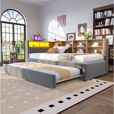 Canape convertible 90x200 LED flanelle gris fonce HAVRYA (1/5)