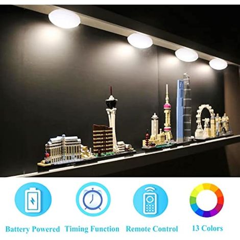 Lot de 4 lampes LED sans fil pour sous-meuble avec télécommande et minuterie, fonctionnant sur piles, 13 couleurs changeantes. (1/5)