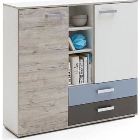 Commode 2 Portes & 2 Tiroirs "Anoya" 116cm Chêne (1/3)