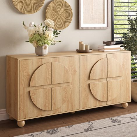 Aparador de 160x38x76 cm, con cuatro puertas, estantes regulables, relieve circular, MDF y pino, color natural (1/5)
