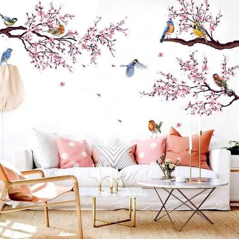 SABIR-Décorations murales Fleurs de Pêcher et Oiseaux, décorations murales avec branches d'arbres et plantes pour salon, couloir, chambre d'enfant (1/4)